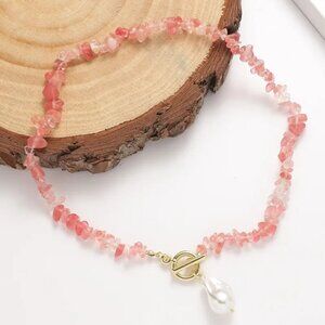 Women's Fashion Natural Stone Beaded Pearl Pendant Necklace, Pink Stone